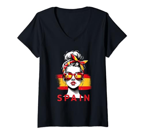 Damen Spanien Mädchen Frau Flagge Spanien Trikot 2024 T-Shirt mit V-Ausschnitt von Spanish Girl Spain girl Spanien woman flag