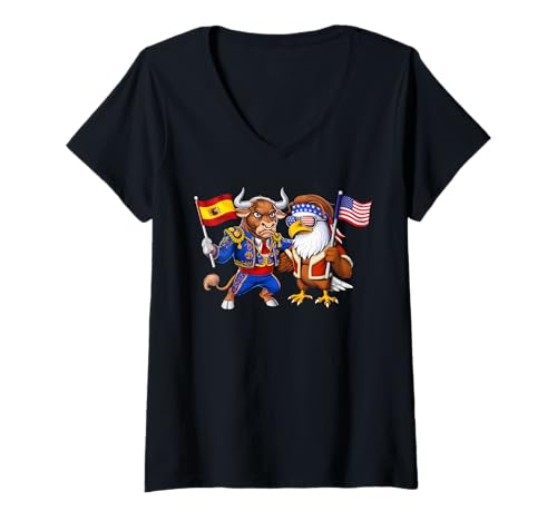 Damen Spanischer Stier Amerikanischer Weißkopfseeadler USA Flagge T-Shirt mit V-Ausschnitt Damen Spanischer Stier Amerikanischer Weißkopfseeadler USA Flagge T-Shirt mit V-Ausschnitt von Spanish Heritage Spain Flag