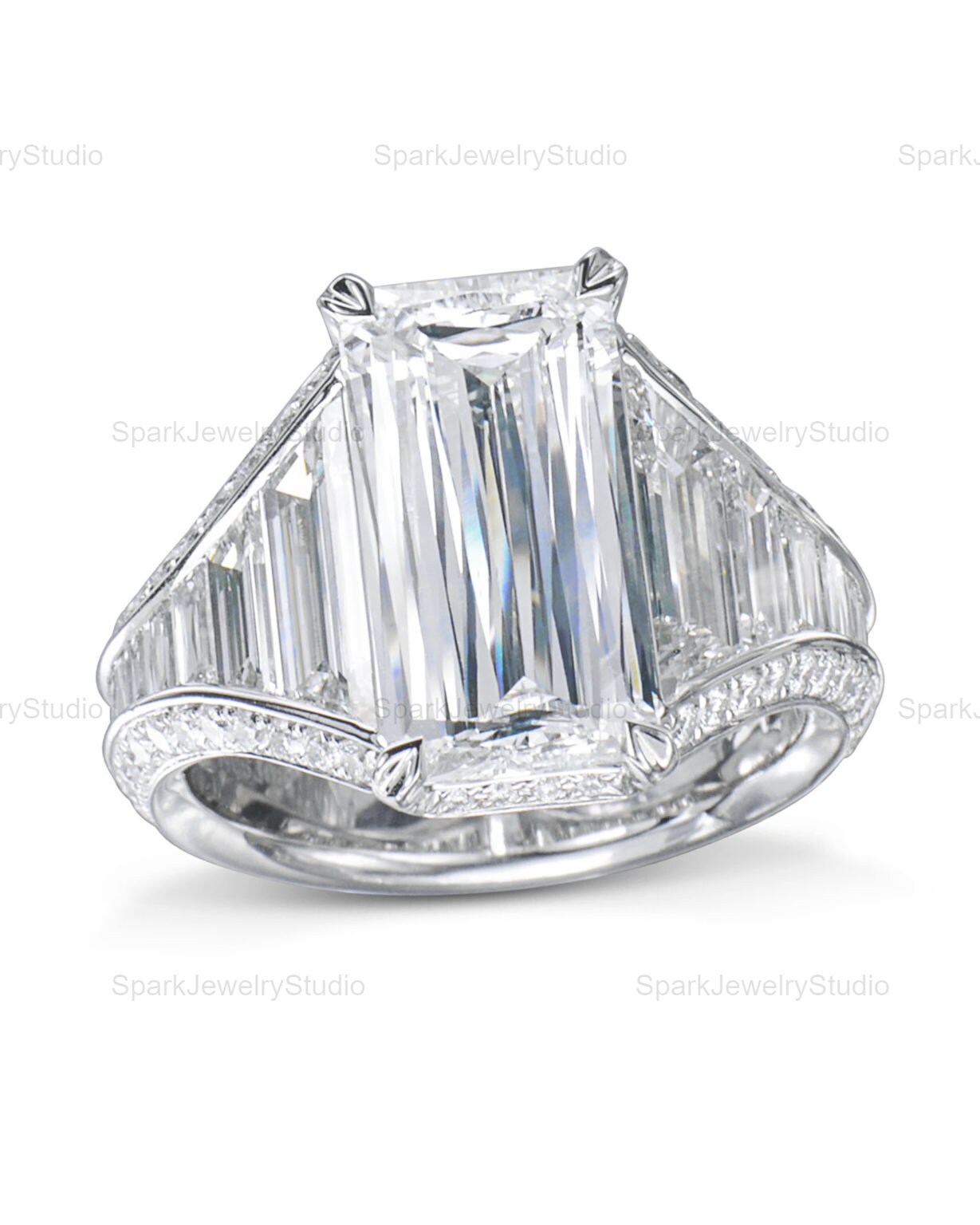 Criss Cut Smaragd Moissanite Made in 14K Weißgold Verlobungsring, Platin Ehering Für Sie von SparkJewelryStudio