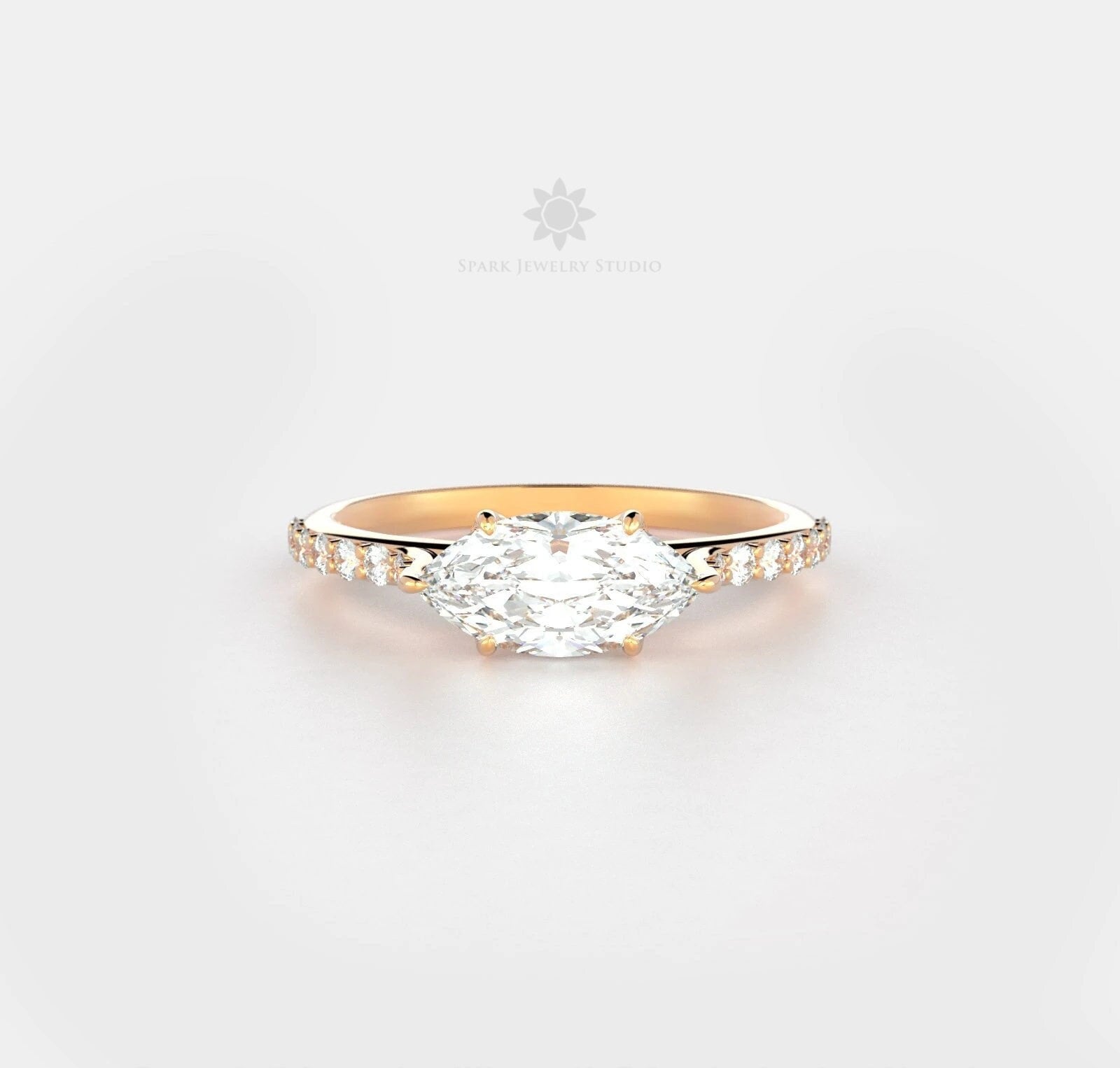 East West Einstellung Marquise Solitär Gold Ehering Solid Forever One Cut Moissanite Jahrestag Ring Sterling Silber von SparkJewelryStudio