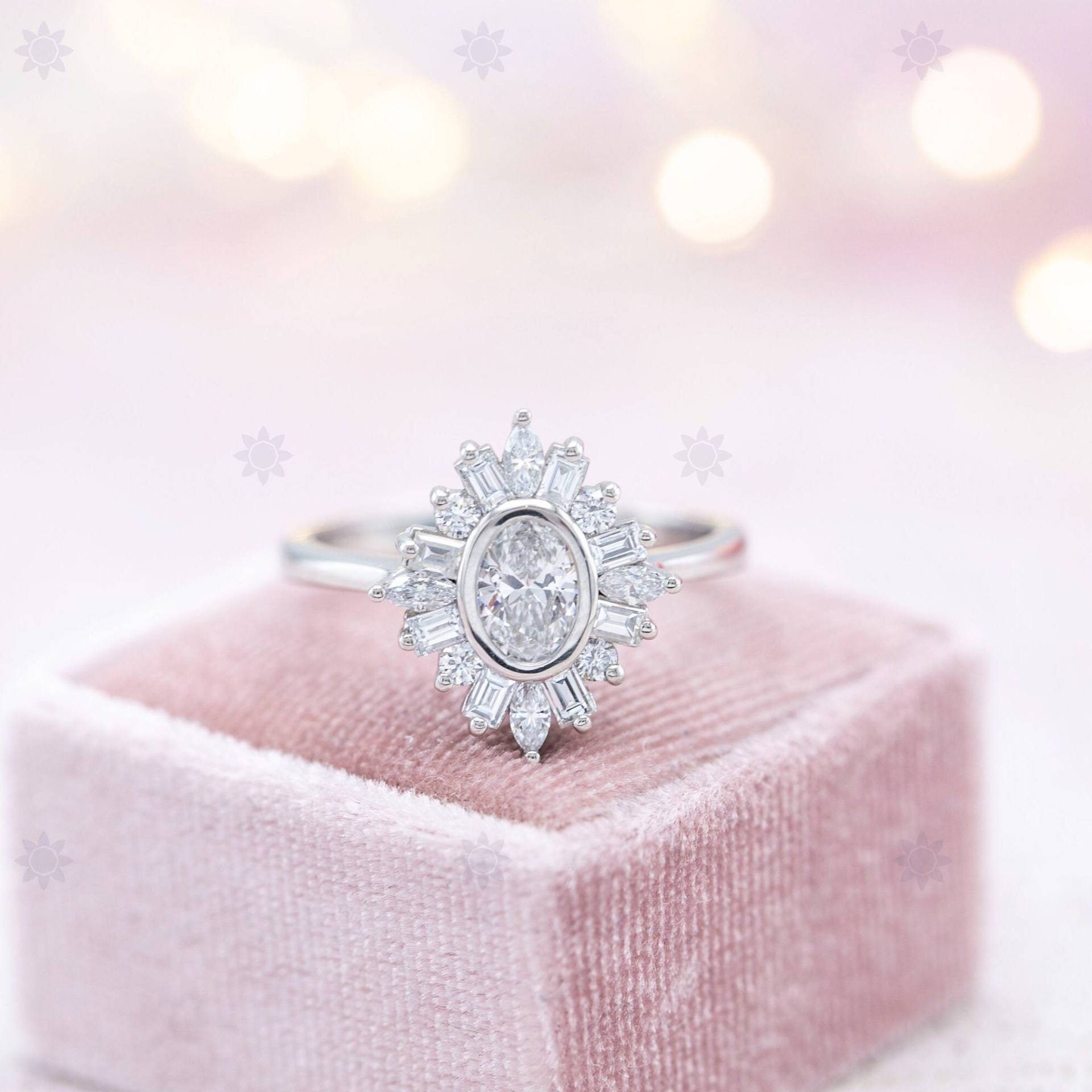 Star Burst Halo Oval Moissanit Diamant Sterling Silber Verlobungsring Mit Floating Marquise Cut Center Diamond 10K Roségold Ehering von SparkJewelryStudio