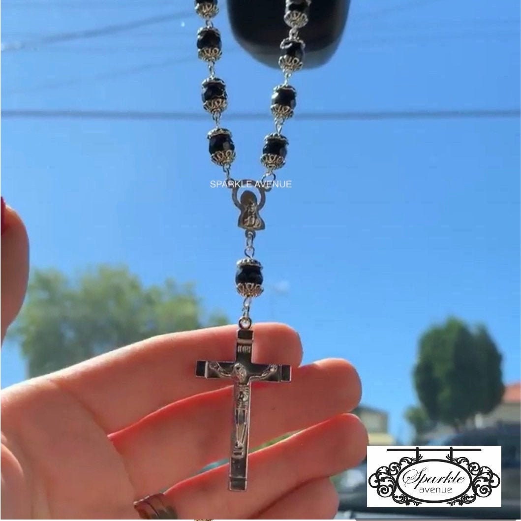Rosenkranzperlen/Auto Hängende Schwarze Klare Kristall-Rosenkranzperlen Gebetsperlen Rosenkranzperlen/Auto Hängende Schwarze Klare Kristall-Rosenkranzperlen Gebetsperlen von SparkleAvenueAU