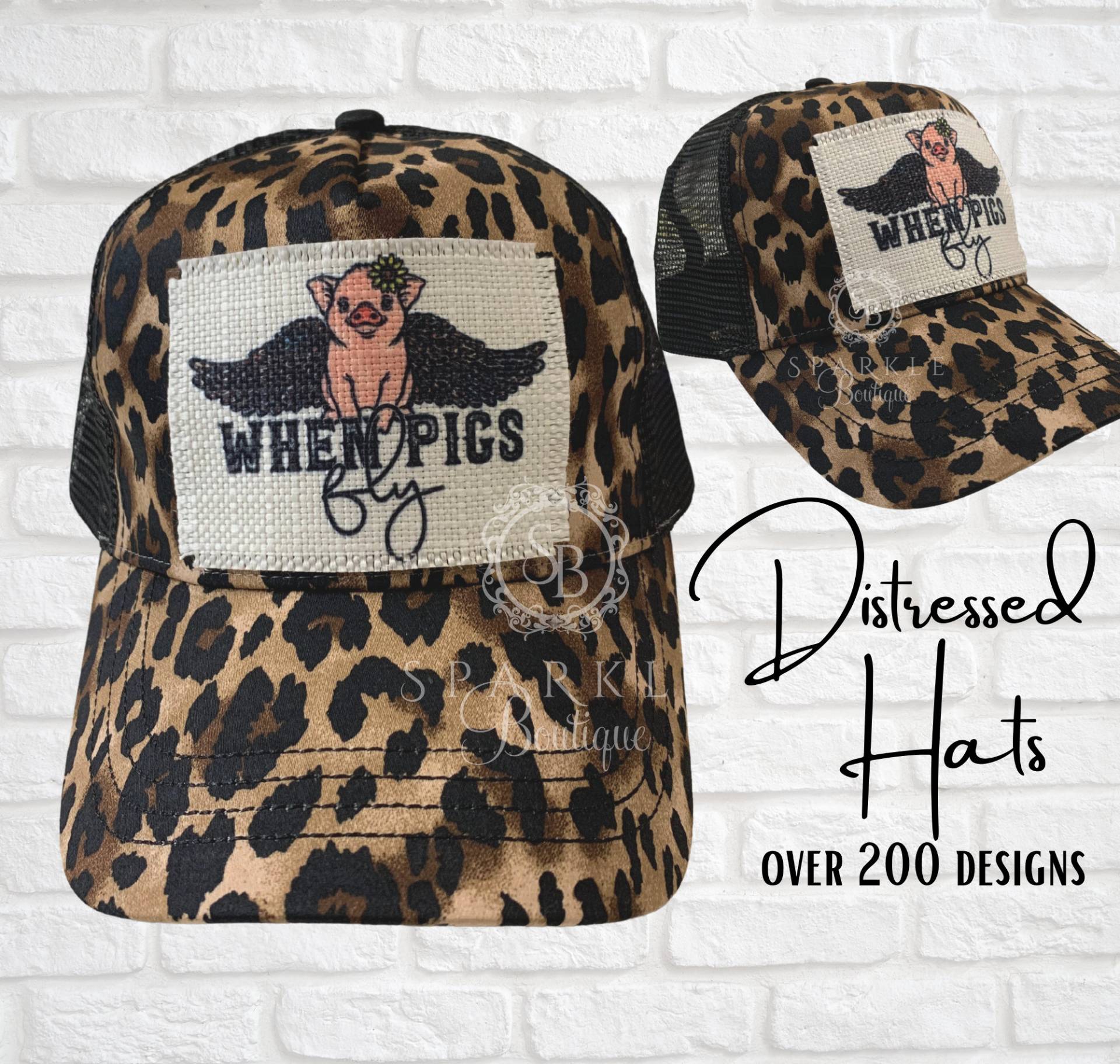 Leopard Hut, Wenn Schweine Fliegen Damen Baseball Mütze, Distressed Trucker Strand See Verstellbare Hut von SparkleBoutique2U