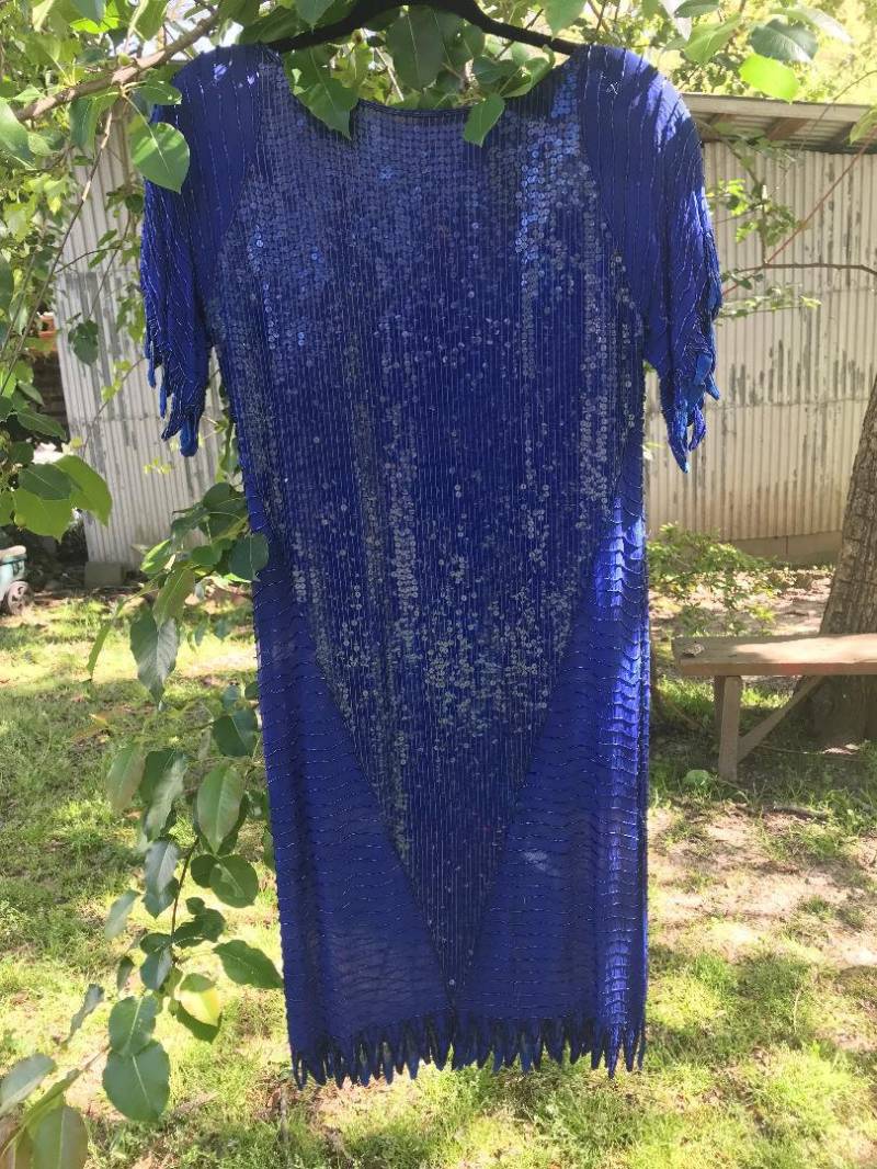 Vintage Seide Perlen Blaues Kleid von SparkleByCBM