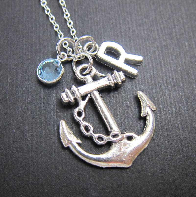 Anker Halskette - Personalisierter Handstempel Initial Name, Angepasster Kristall Geburtsstein von SparkleMod