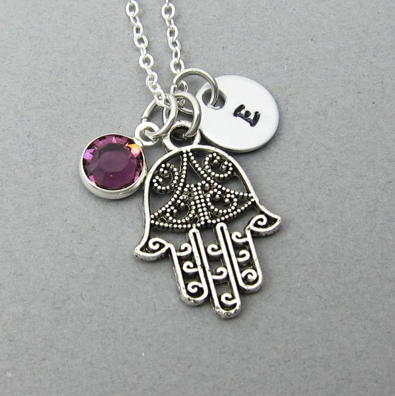 Hamsa Hand Halskette - Khamsa Amulett, Personalisierter Anfangsname, Individueller Swarovski Kristall Geburtsstein von SparkleMod