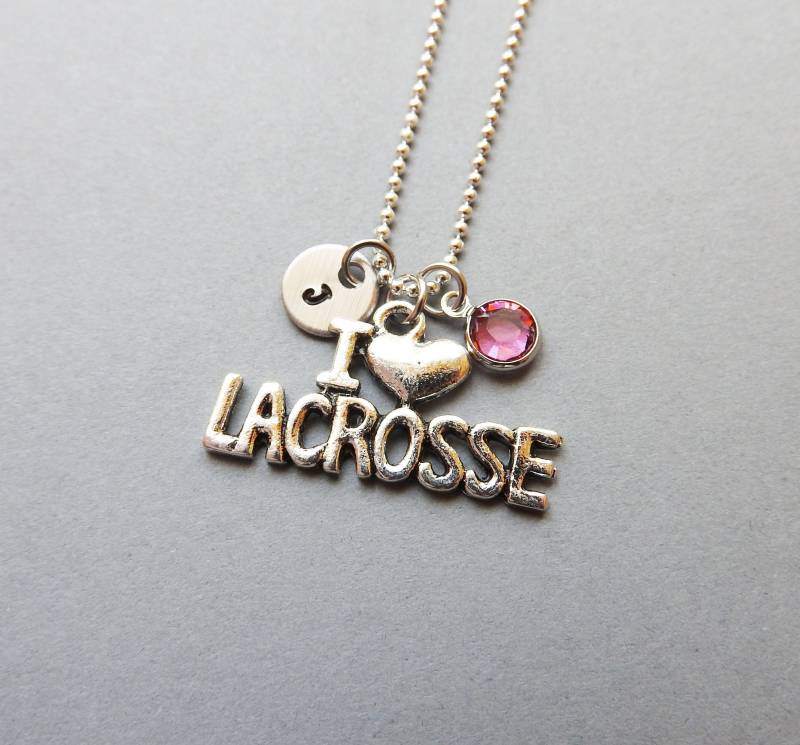 I Love Lacrosse Halskette - Lacrosse, Handgestempelte Initiale, Individueller Swarovski Kristall Geburtsstein von SparkleMod