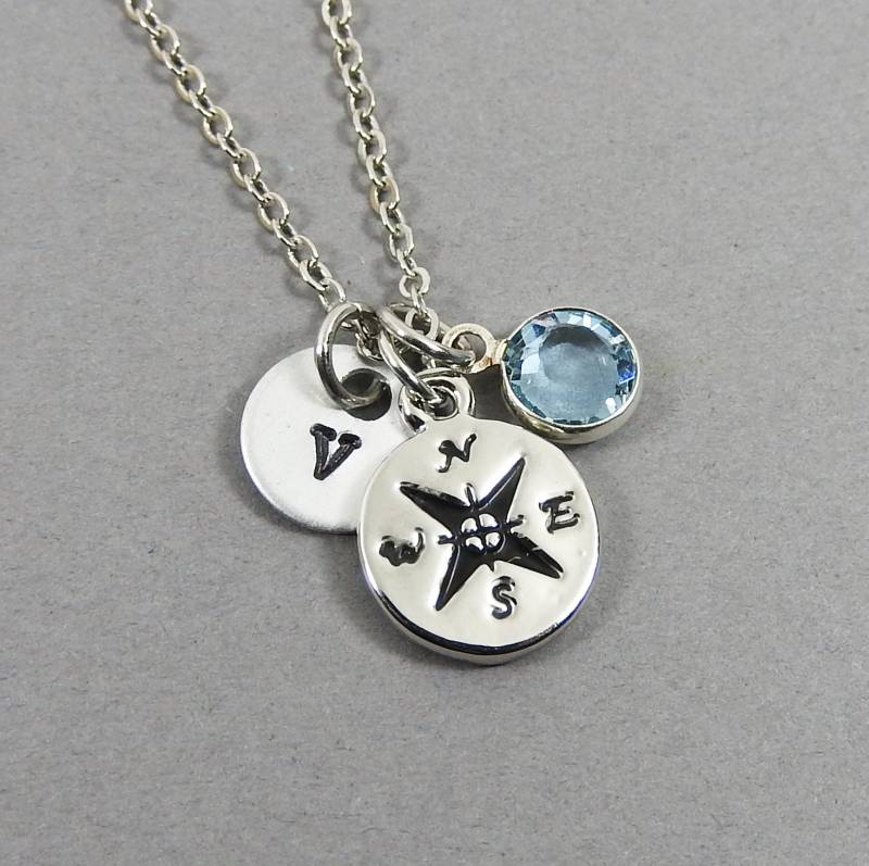 Kompass Halskette - Fern, Richtung, Navigation, Personalisierter Handgestempelter Anfangsname, Swarovski Geburtsstein von SparkleMod