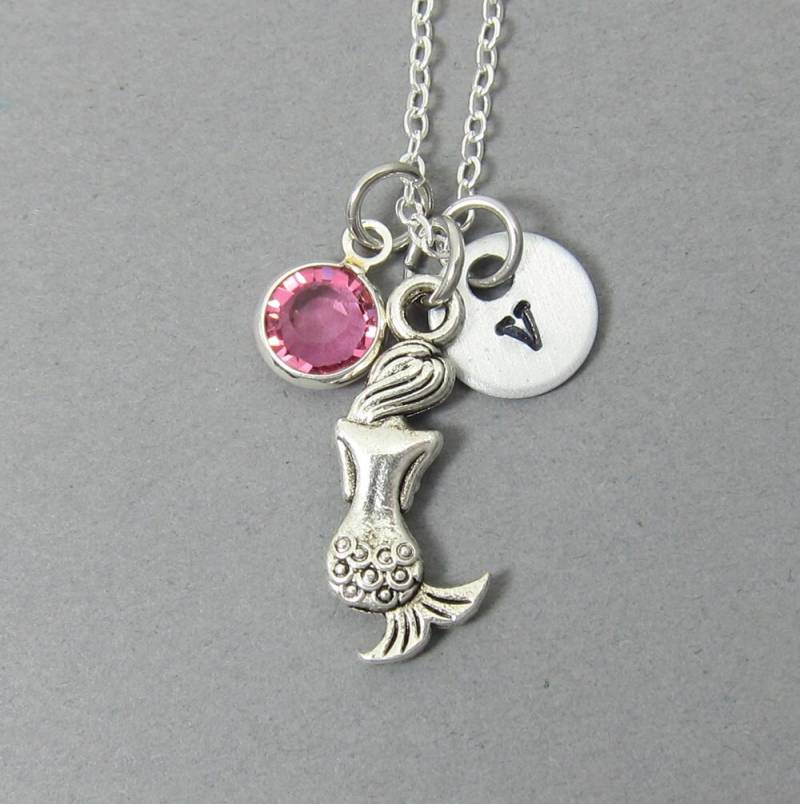 Meerjungfrau Halskette - Handgestempelte Initiale, Personalisierter Name, Swarovski Kristall Geburtsstein von SparkleMod