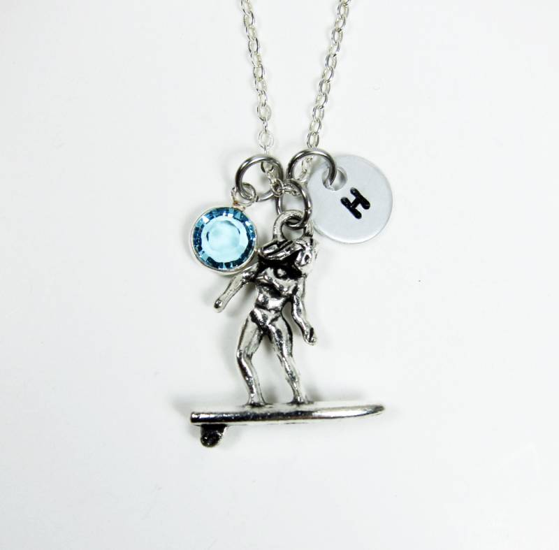 Surferkette - Ocean Beach Brandung, Personalisierter Anfangsname, Individueller Geburtsstein von SparkleMod