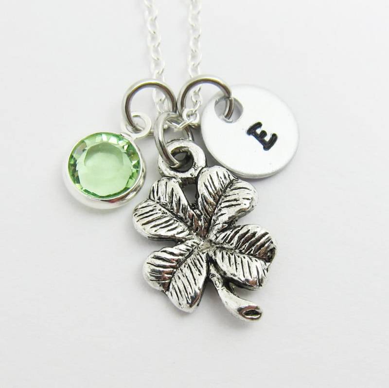 Vierblättriges Kleeblatt - Glücksbringer, Personalisierter Anfangsname, Geburtsstein von SparkleMod