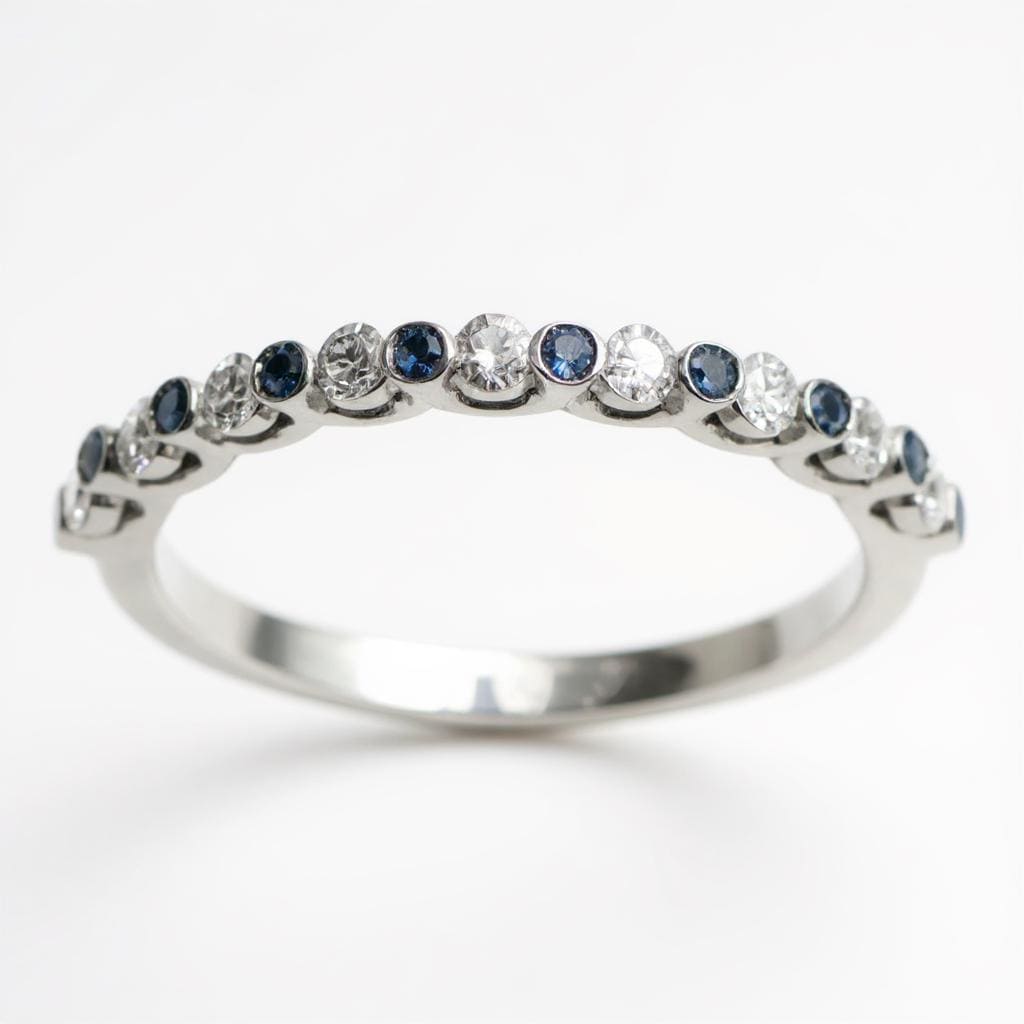 14K Weißgold Echte Lünette Set Blauer Saphir & Diamant Petite Hochzeitstag Halbe Eternity Band Größe 5, 75 von SparkleNJade