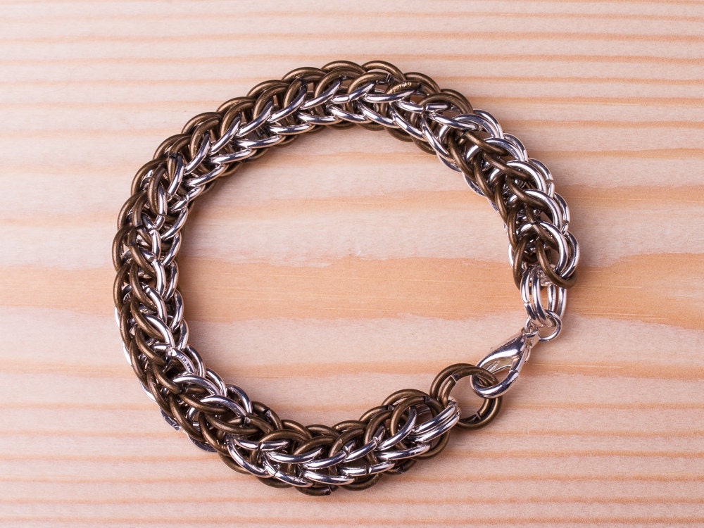 Chunky Link Armband, Unisex Chainmail Silber Und Bronze Farbe Kettenarmband, Chainmaille Armband von SparklenLight