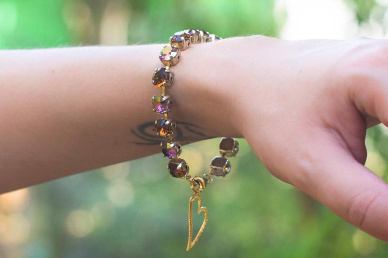 Rot Lila Kristall Herz Anhänger Armband, Swarovski Elements in Gold Gliederarmband, Chaton Cut Und Rotem Armband von SparklenLight