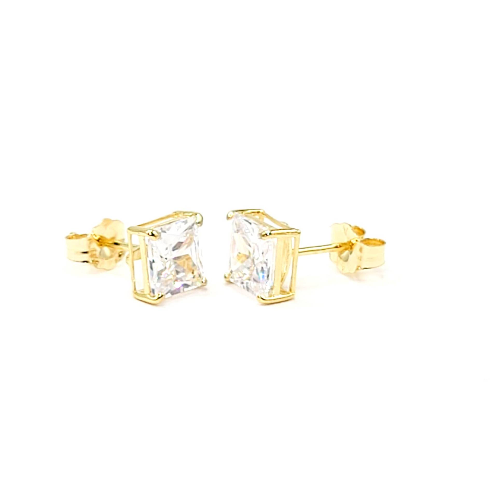 Ohrstecker - Princess Cut Echt 14K Gelbgold 8mm Simulierte Diamanten Push-Back-Ohrringe, Personalisiertes Geschenk, Geschenk Für Mädchen Kinder von SparklingMinimalist