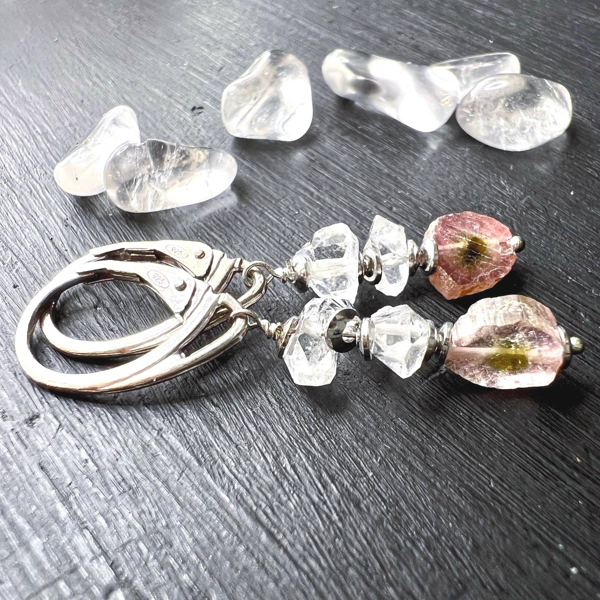Wassermelonen-Turmalin Ohrringe Mit Herkimer Diamanten Sterling Silber Wassermelonen-Turmalin Ohrringe Mit Herkimer Diamanten Sterling Silber von Sparklinginside