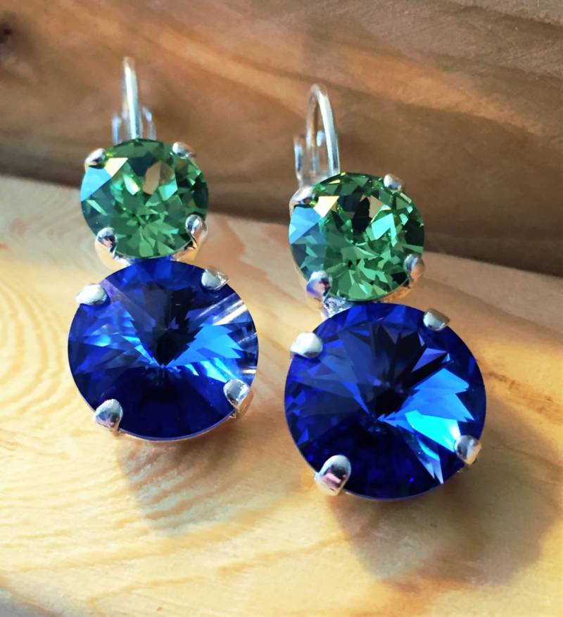 Seahawks Ohrringe Swarovski Kristall Peridot & Sapphire, Versilbert von SparklyBlingyThings