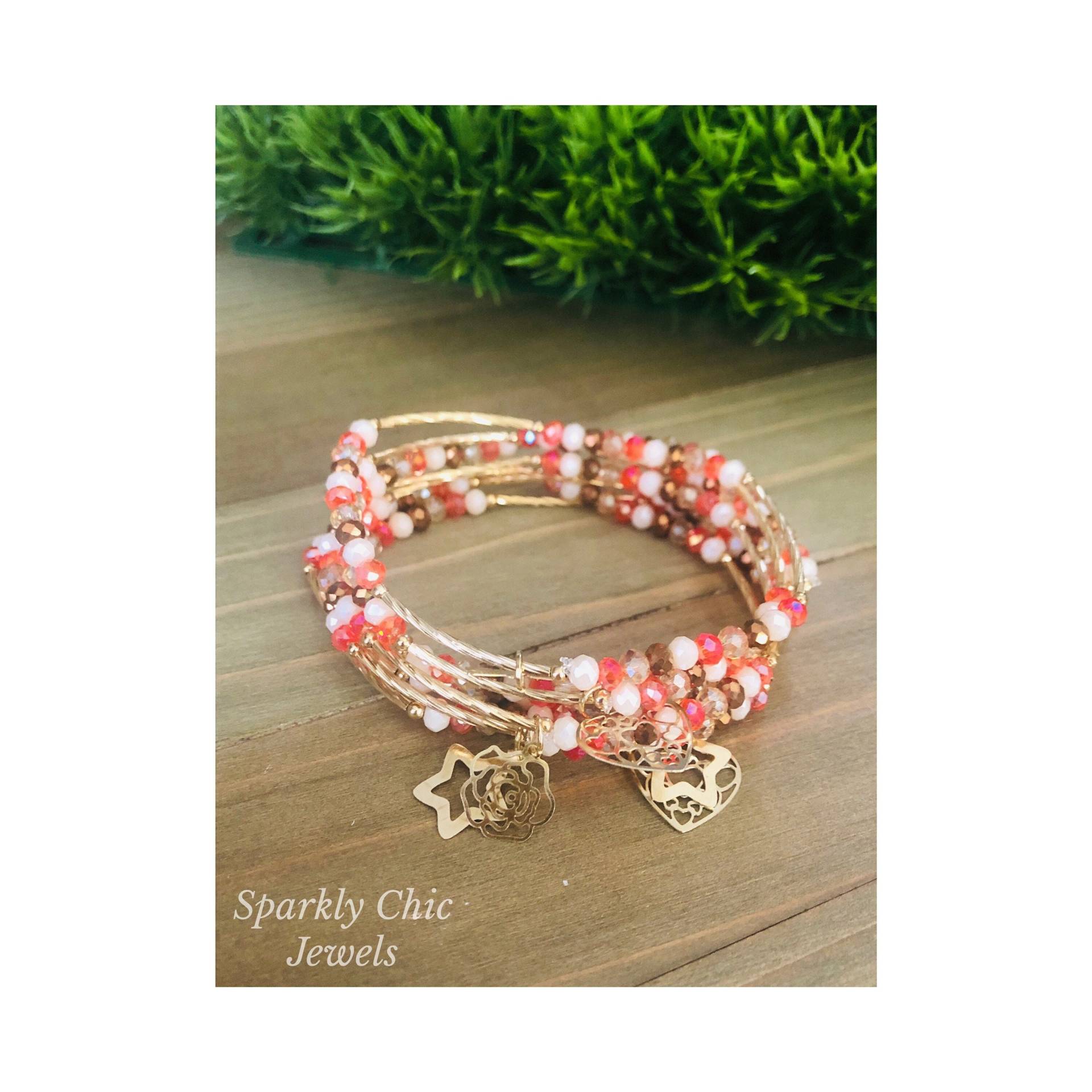 Orange Und Beige Armband Stapel, Charm Armband, Vergoldet, Geschenk Für Sie, Funkelnde Semanario von SparklyChicJewels