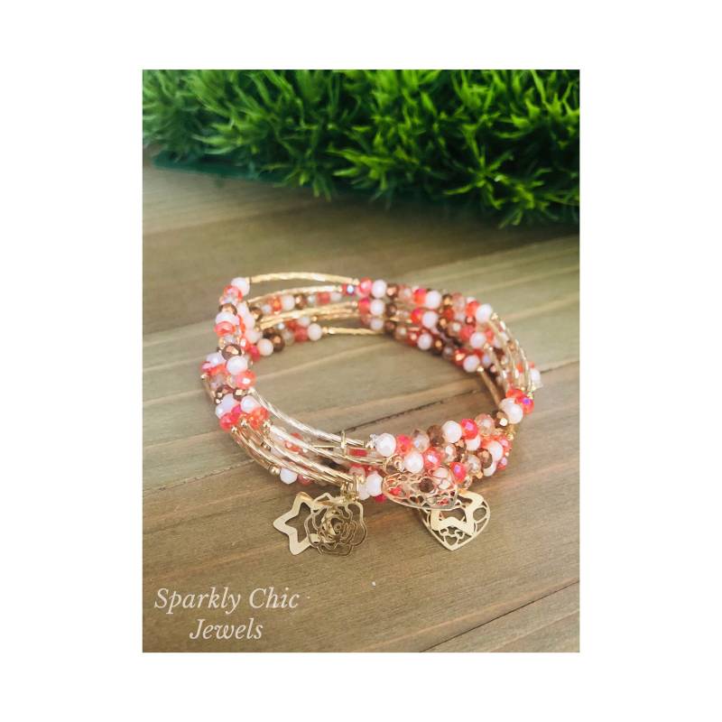 Orange Und Beige Armband Stapel, Charm Armband, Vergoldet, Geschenk Für Sie, Funkelnde Semanario von SparklyChicJewels