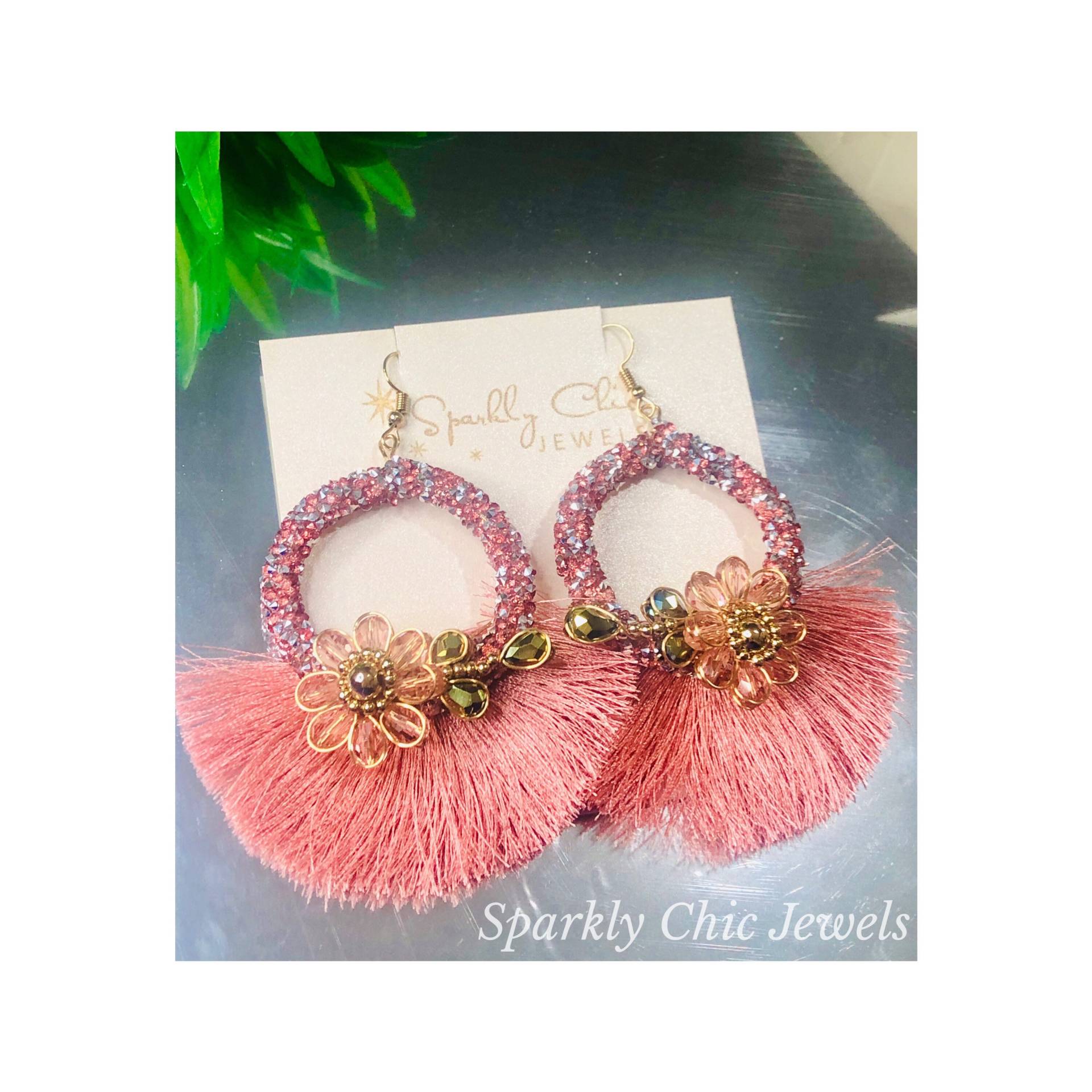 Pink Glitzer Quasten Ohrringe, Hoop Funkelnde Elegante Mode Ohrringe von SparklyChicJewels