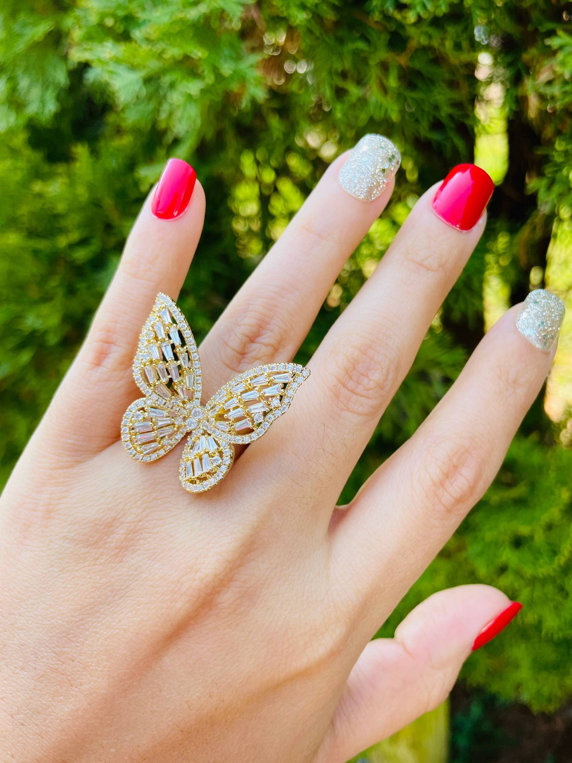 Strass Schmetterling Ring, Vergoldeter Statement Funkelnder Geschenk Für Sie, Verstellbarer Ring von SparklyChicJewels