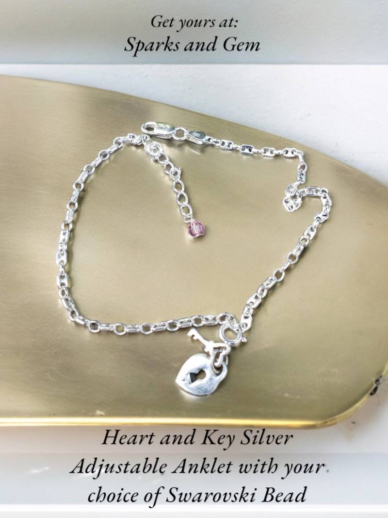 Herz Und Schlüssel Silber Verstellbar Charme Fußkettchen Mit Ihrer Wahl Der Swarovski Perle - 925 Sterling Baumeln & Breite Kabelkette von SparksAndGem
