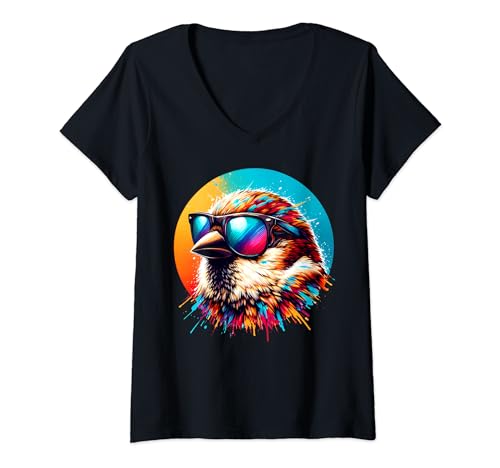 Damen Cool Tie Dye Sparrow Sonnenbrille Vogel Illustration Kunst T-Shirt mit V-Ausschnitt von Sparrow Tie Dye Sunglasses Art Store