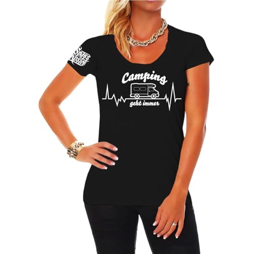 Damen Frauen T-Shirt Camping geht Immer Sprüche Motive Wohnmobil Urlaub von Spaß Kostet