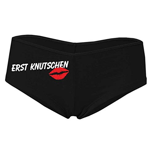 Frauen und Mädchen Hotpants Panty mit Spruch Erst knutschen Größe S - XL von Spaß Kostet