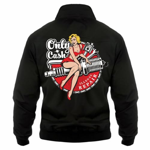 Männer Herren Harrington Jacke Rockn Roll Motiv only cash Rockabilly Mechaniker von Spaß Kostet