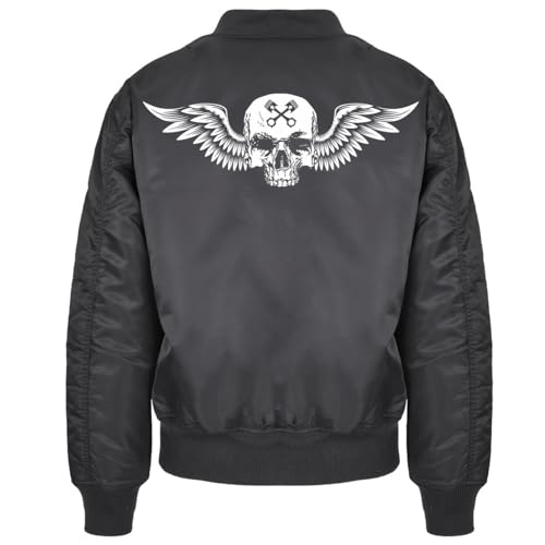 Spaß Kostet Herren Bomberjacke Pilotenjacke Motorrad Totenkopf mit flügel death head biker von Spaß Kostet