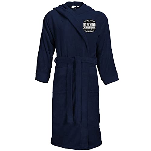 Spaß Kostet Bademantel Frottee mit Kapuze Leg dich niemals mit einem DORFKIND an Größe S bis XXXL, Größe:XXL/3XL, Farbe:dunkelblau von Spaß Kostet