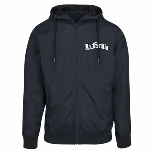 Spaß Kostet Herren Windbreaker Regenjacke LA FAMILIA Logo mit Kapuze weiss schwarz label von Spaß Kostet