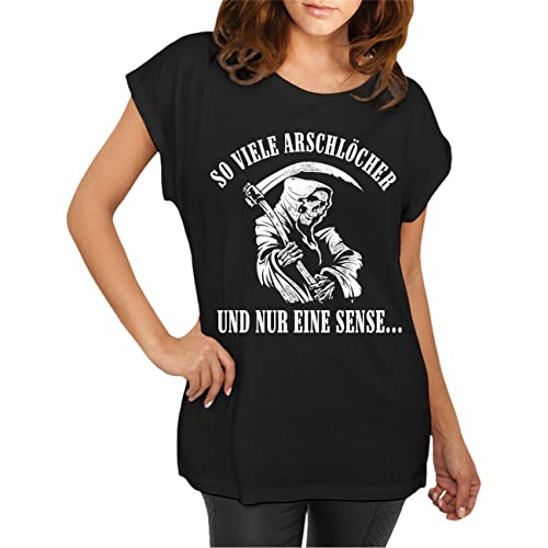 Spaß Kostet Longshirt Damen weit geschnitten Totenköpfe Skull Motiv mit Sense Stinkefinger Spruch Größe XS - 5XL von Spaß Kostet