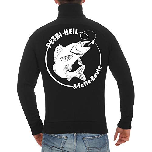 Spaß Kostet Herren Jungen Sweatjacke ohne Kapuze (Rückendruck) Angler Petri Heil und fette Beute Grösse S - 4XL von Spaß Kostet