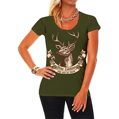 Frauen und Damen T-Shirt Meine Lederhose trägt noch der Hirsch Größe XS - 3XL von Spaß Kostet