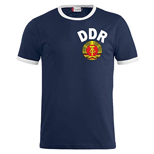 Herren T-Shirt DDR Trikot Größe S - 3XL Dunkelblau/Weiß von Spaß Kostet