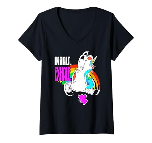 Damen Einatmen Ausatmen Lustiges Einhorn Yoga Regenbogen T-Shirt mit V-Ausschnitt Damen Einatmen Ausatmen Lustiges Einhorn Yoga Regenbogen T-Shirt mit V-Ausschnitt von Spaßige Entspannende Einhorn Meditation