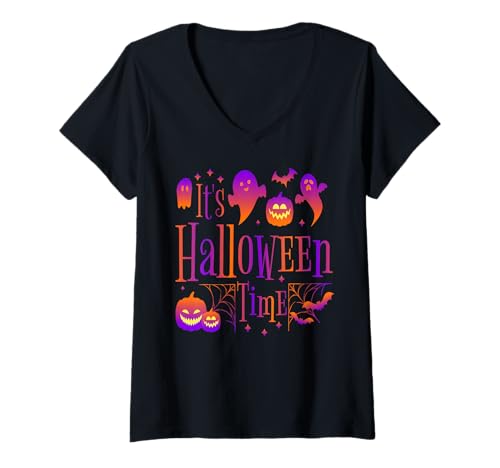 Damen Es ist Halloweenzeit Lustige Kürbisgespenster T-Shirt mit V-Ausschnitt von Spaßige Gruselfans mit Spinnennetzen