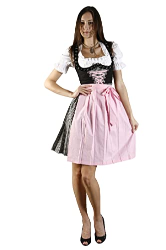 Dirndl Trachtenkleid für Damen Schwarz Grau Rosa kariert 3tlg. Kleid, Bluse und Schürze F6029 (42) von Spatzers