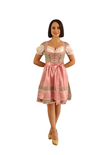 Spatzers Dirndl Damen Trachtenmode Trachtenkleid midi Grau Rosa gepunktet inkl. Dirndlbluse Dirndlschürze 3 Tlg. für Oktoberfest besondere Anlässe Gloria (38) von Spatzers