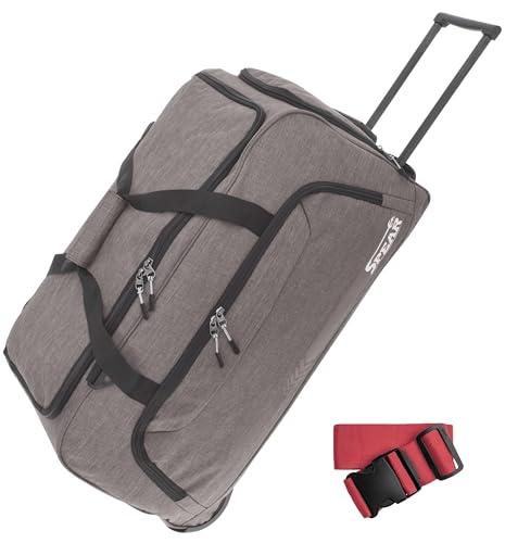 Spear Trolley Reisetasche groß XXL Koffer 85 Liter, 68 cm Tasche Schultergurt Reisegepäck Rolltasche Damen Herren Gepäck Reise Trolly 910 + Koffergurt (Beige-Grau (Sandstein Grau hell)) von SPEAR