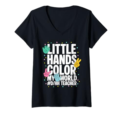 Damen D/HH Education ASL Lehrer Little Hands D/HH Lehrer T-Shirt mit V-Ausschnitt von Special Education Costume For ASL & D/HH Teacher
