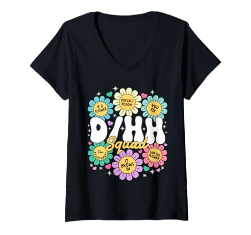Damen D/HH Wertschätzung des Lehrers ASL Lehrerin Flower D/HH Lehrer T-Shirt mit V-Ausschnitt von Special Education Costume For ASL & D/HH Teacher