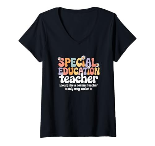 Damen Retro Groovy Sonderpädagoge Inklusionsschule T-Shirt mit V-Ausschnitt von Special Education Teacher Apparel for Women & Men