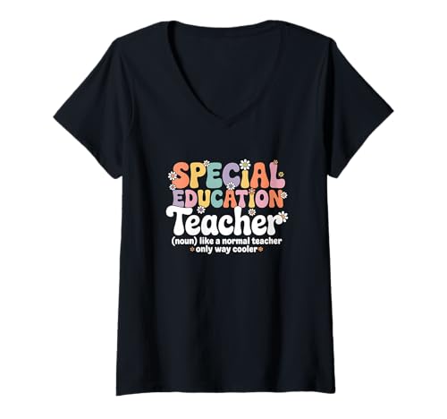 Damen Retro Groovy Sonderpädagoge Zurück zur Schule T-Shirt mit V-Ausschnitt von Special Education Teacher Apparel for Women & Men