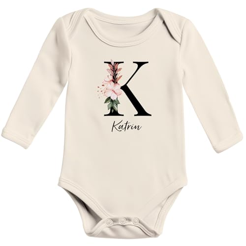 SpecialMe® Baby Body Langarm Mädchen personalisiert Name Initiale Monogramm Blumen Wunschname Geschenk Geburt Bio-Baumwolle Natur 6-12 Monate von SpecialMe