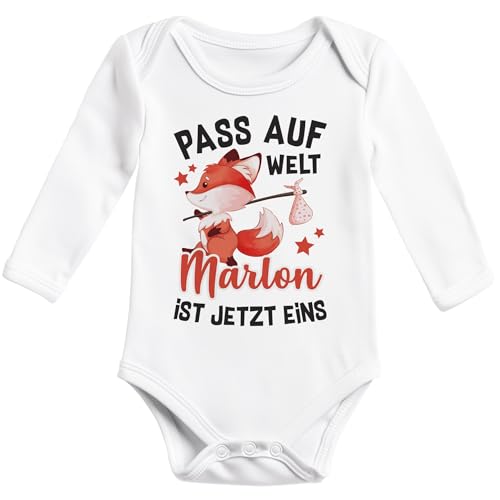 SpecialMe® Baby Body Langarm personalisiert mit Namen und Zahl 1 2 3 Fuchs Geschenk Geburtstag Junge/Mädchen weiss 12-18 Monate von SpecialMe