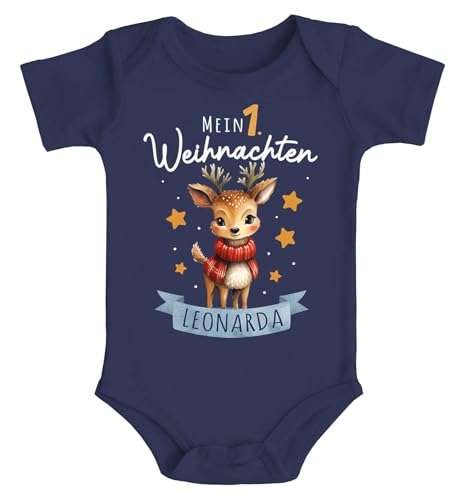 SpecialMe® Baby Body Spruch Mein 1. Weihnachten mit Namen und Rentier Motiv Baby Geschenke personalisiert Kurzarm Bio Baumwolle Navy 0-3 Monate von SpecialMe