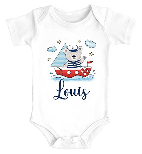 SpecialMe® Baby Body mit Name Bär Boot Segelboot Aufdruck Motiv personalisierte Geschenke Kurzarm Bio Baumwolle weiß 0-3 Monate von SpecialMe